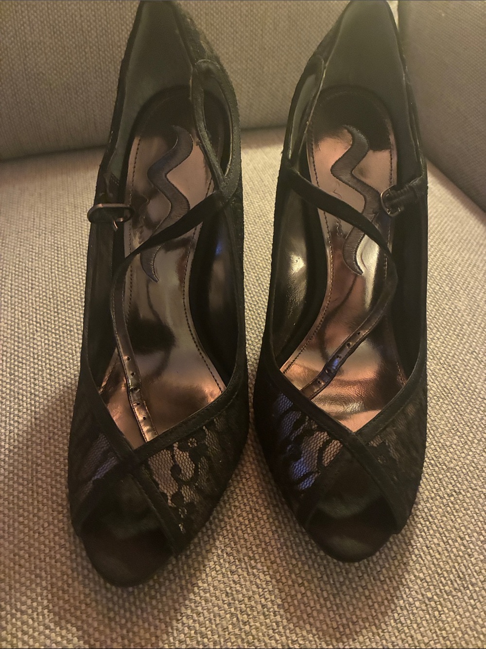 Women's Nina Black Lace Peep-Toe Heels with Ankle Strap - 8M, never worn!
